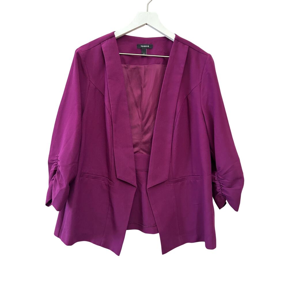 TORRID Open Front Blazer Jacket Womens Plus Size 1 Purple Plum Ruched Sleeves